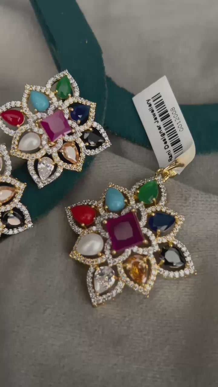 Floral Navratna Glow Pendant Set